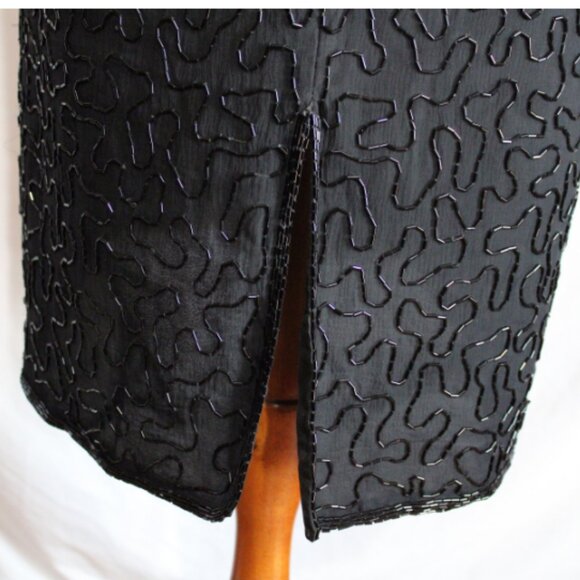 Night Vogue SZ Med 100% Silk Beaded & Sequin Black Evening Dress - Picture 12 of 16